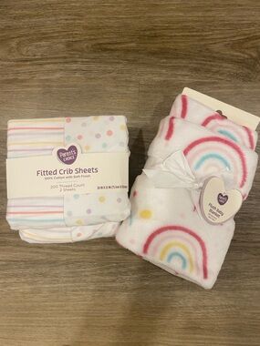 Parents Choice Rainbow Plush Baby Blanket + Fitted Crib Sheets Set - Pastel
